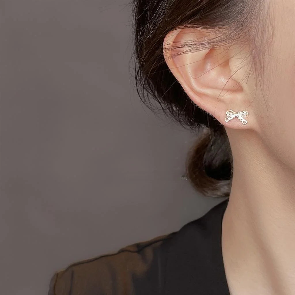 Minimalist Lace Style Hollow Bow Geometric Copper Stud Earrings