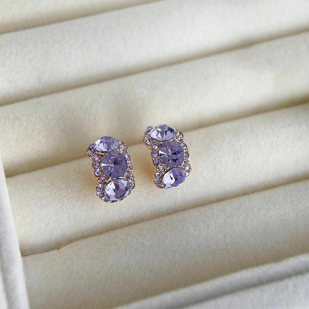Sparkling Rhinestone Purple Geometric Half Hoop Copper Stud Earrings, Minimalist Trendy Jewelry
