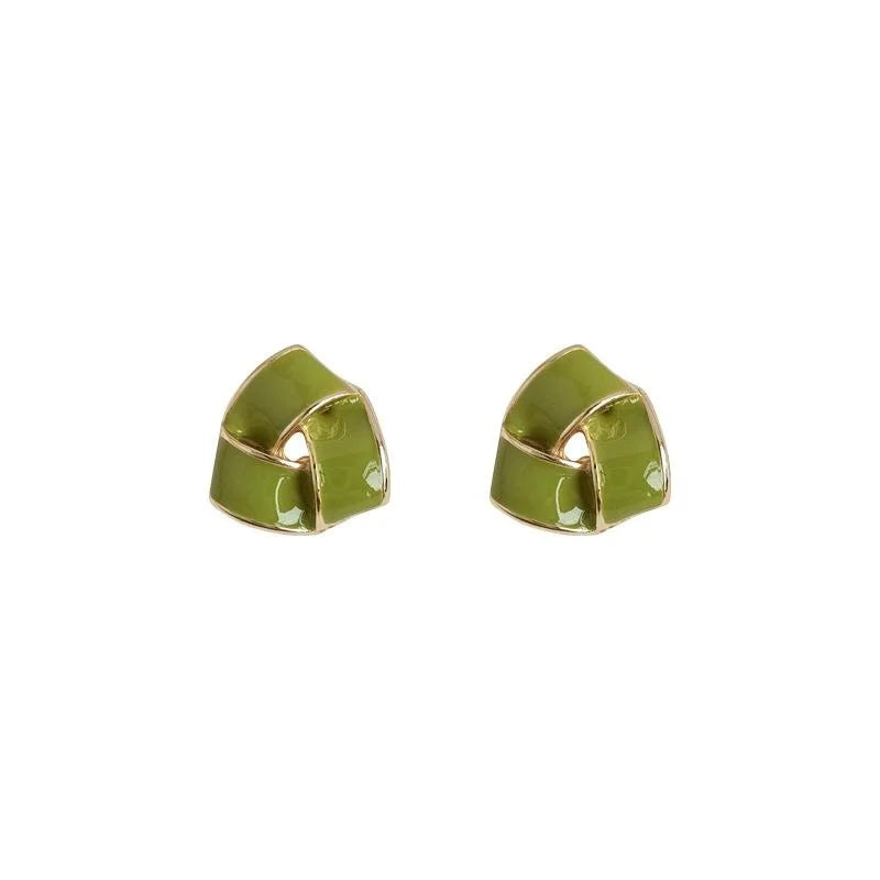 Fresh Green Triangle Copper Stud Earrings For Women Geometric Enamel Woven Design Silver Plated Pin