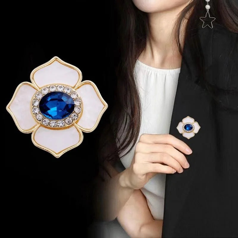 Elegant Camellia Flower Brooch With Mother Of Pearl Petals And Blue Rhinestone Center, Magnetic Lapel Pin Gift