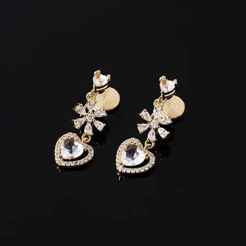 Luxury Zircon Snowflake Heart Drop Stud & Clip On No Piercing Gold Alloy Rhinestone Dangle Earrings