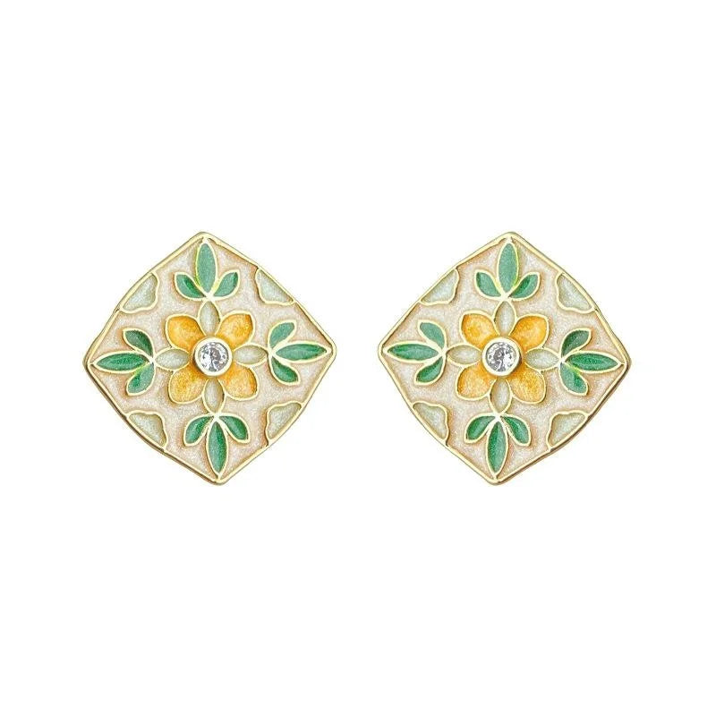 Chinese Style Enamel Drip Glaze Silver Plated Copper Floral Geometric Stud Earrings