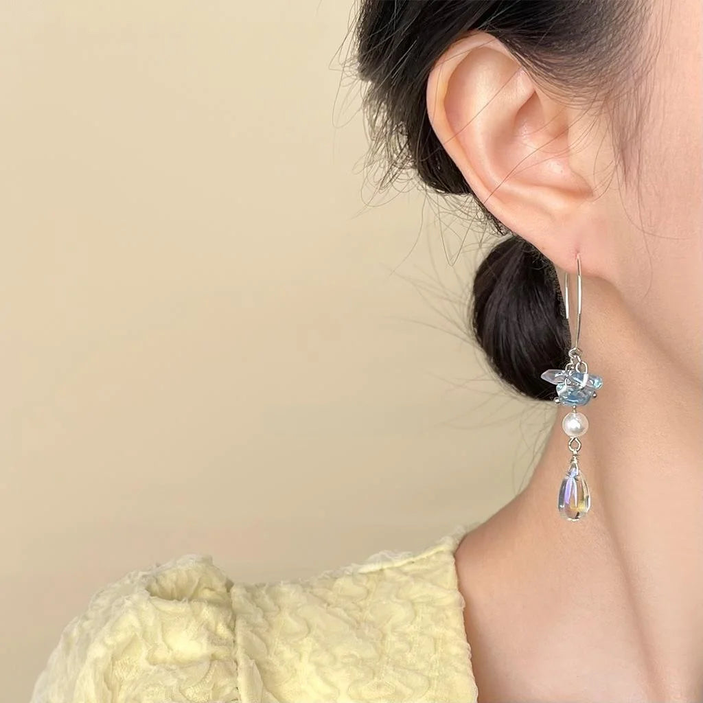 Fresh Summer Vacation Style Glass Crystal Teardrop Tassel Drop Earrings