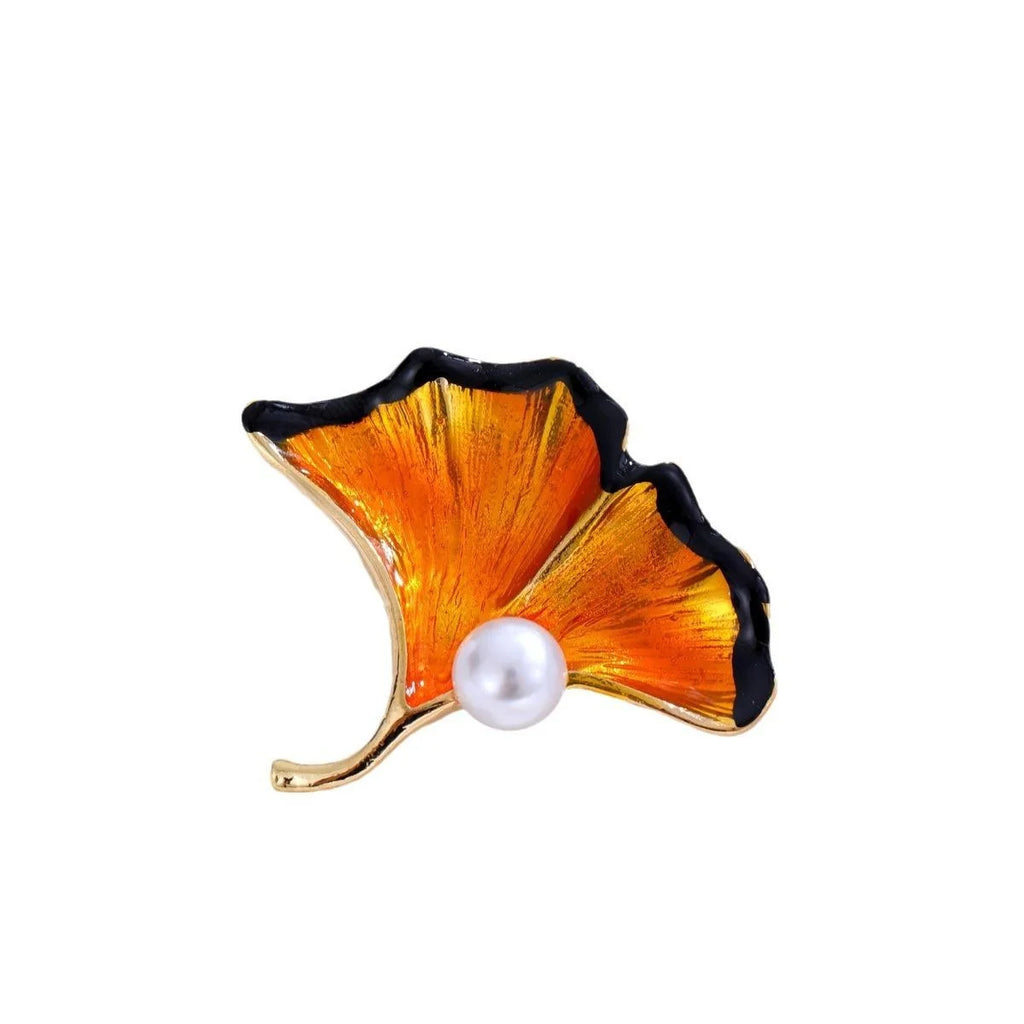 Elegant Enamel Ginkgo Leaf Brooch With Pearl Accent, Gold Alloy Plant Lapel Pin Corsage Gift