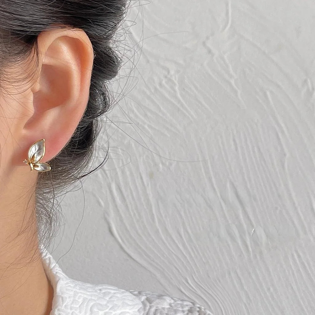14K Plated Copper Butterfly Stud Earrings, Korean Japanese Elegant Jewelry
