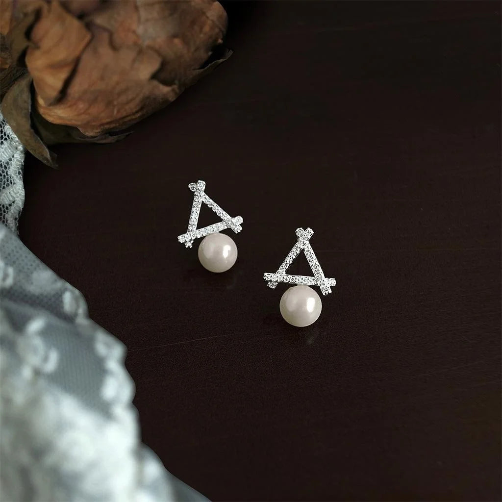 Elegant Geometric Glass Pearl Stud Earrings Copper Micro Pave Zircon Hollow Triangle Design
