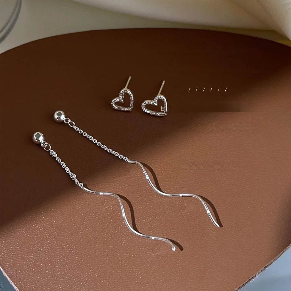 Two Way Copper Hollow Heart Chain Tassel Drop Earrings Sweet Geometric Wave Design