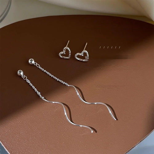 Two Way Copper Hollow Heart Chain Tassel Drop Earrings Sweet Geometric Wave Design