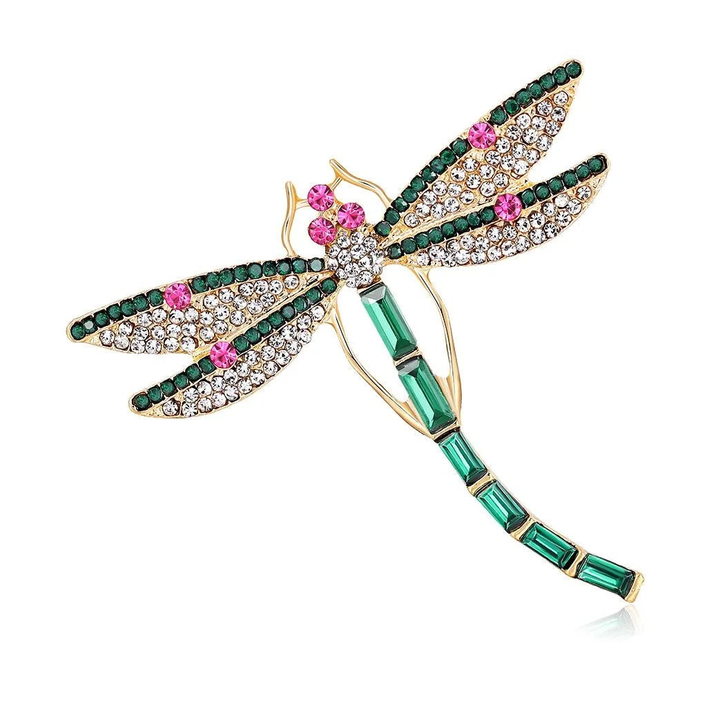 Elegant Dragonfly Rhinestone Brooch With Green Crystal Wings, Alloy Lapel Pin Corsage Suit Accessory