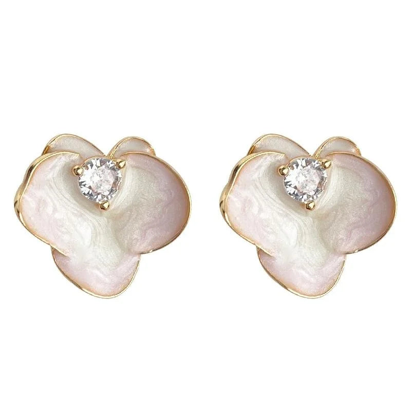 New Chinese Pink Gradient Drip Glaze Enamel Orchid Stud Earrings With Zircon Floral Petal Design