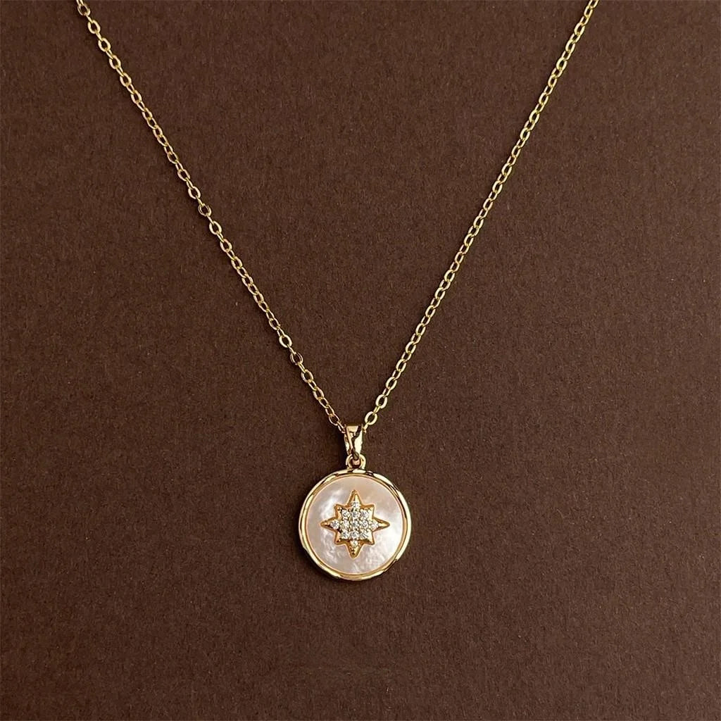 18K Gold Plated Copper Shell Star Round Geometric Light Luxury Clavicle Necklace