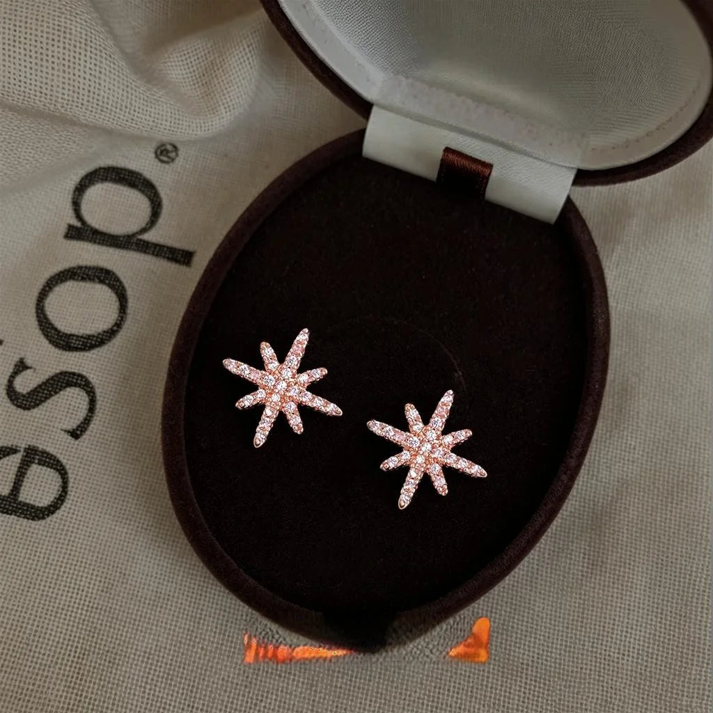 Rose Gold Copper Zircon Eight Point Star Stud Earrings Minimalist Snowflake Design for Women