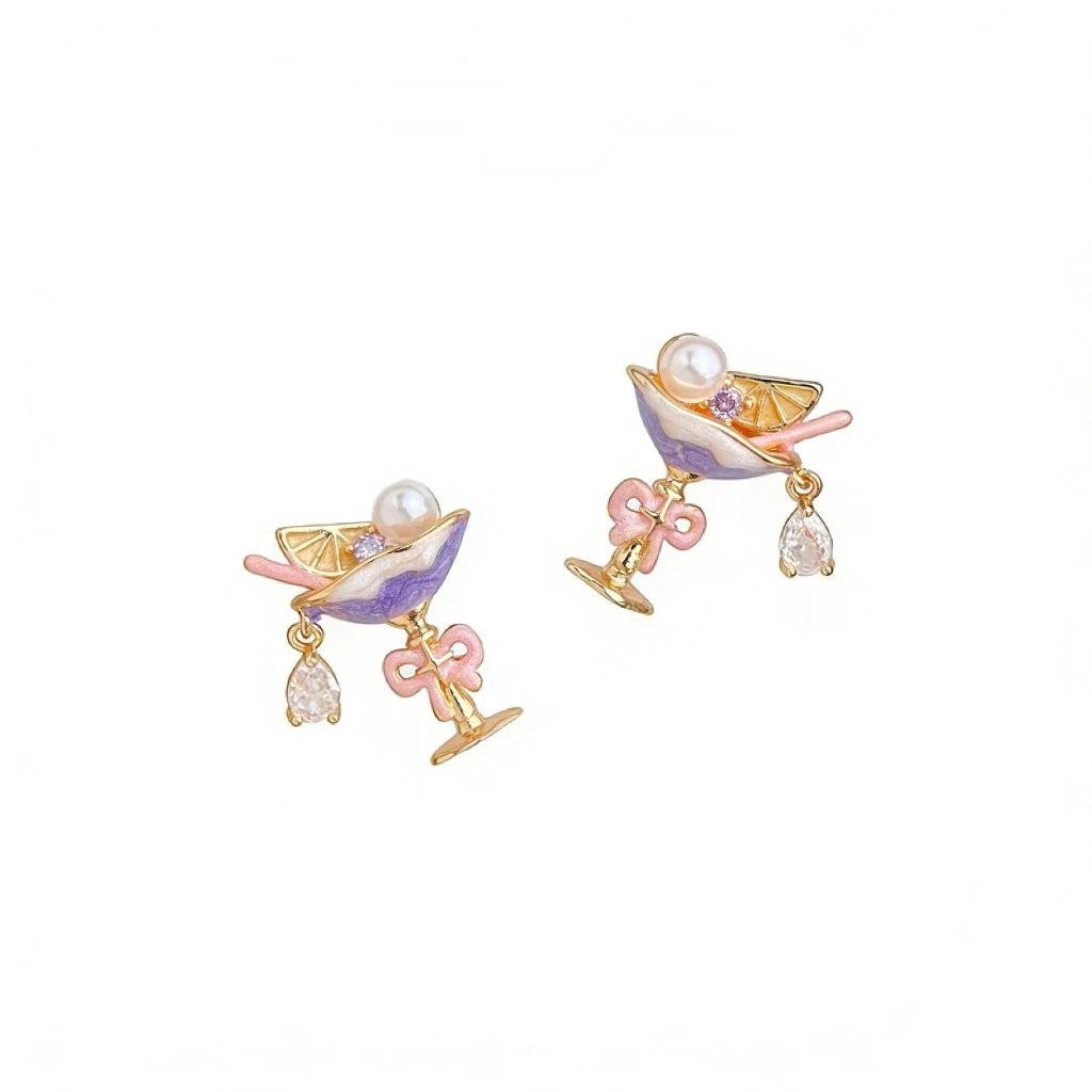Sweet Style Wine Glass Stud Earrings Copper Zircon Micro Pave Pearl Painted Geometric Jewelry
