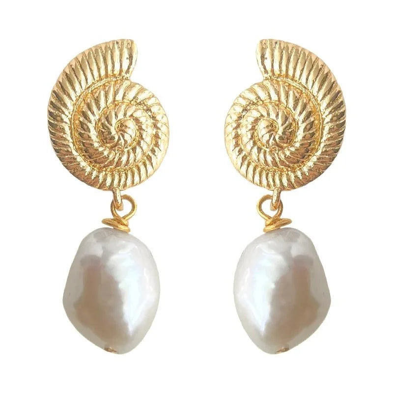 Vintage Baroque Irregular Freshwater Pearl Conch Copper Drop Earrings For Women