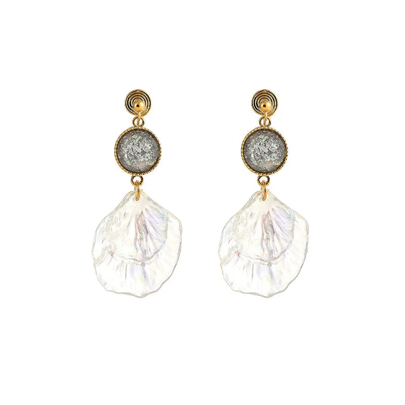 Elegant Iridescent Acrylic Shell Petal Rhinestone Stud & Clip On No Piercing Drop Earrings