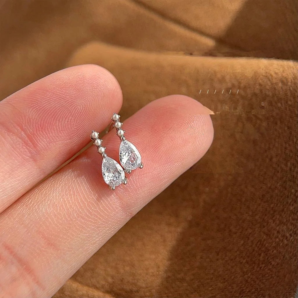 Minimalist Copper Water Drop Stud Earrings With Micro Pave Zircon And Pearl Accent