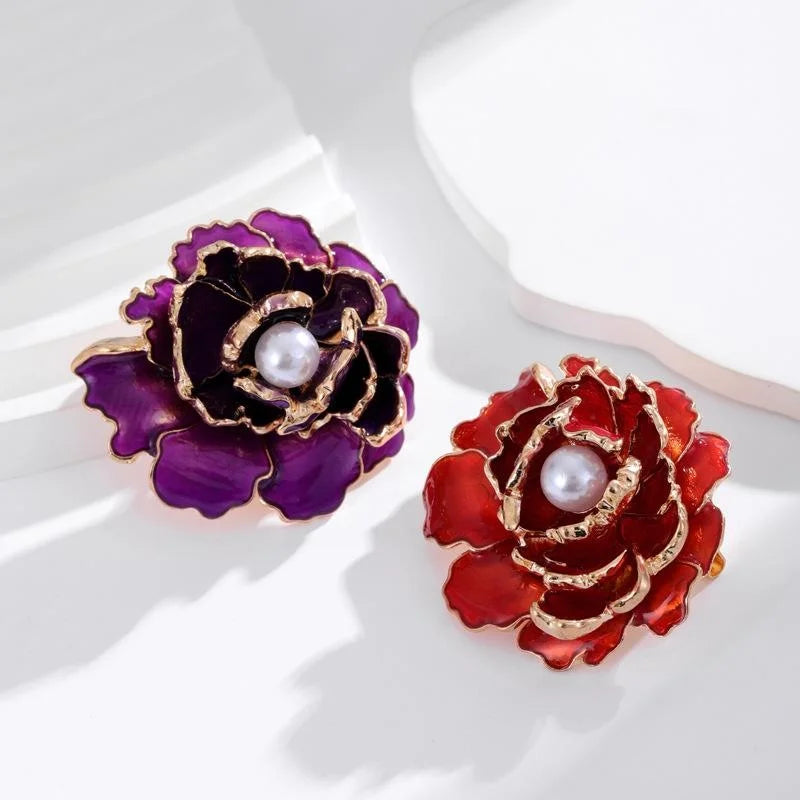 Elegant Red Enamel Peony Flower Brooch With Pearl Center, Gold Tone Alloy Lapel Pin Corsage Gift