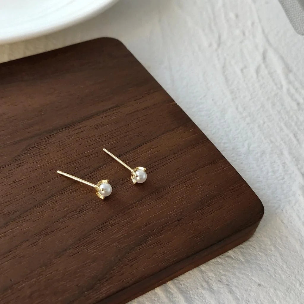 Gold Plated Copper Pearl Stud Earrings Mini Simple Round Geometric Jewelry