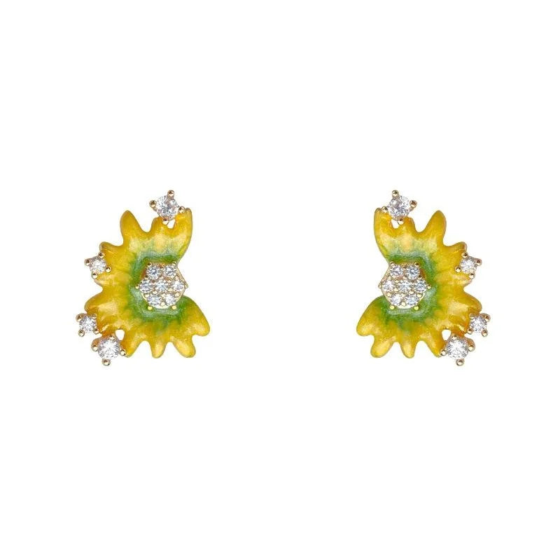 Hand Painted Sunflower Stud Earrings Micro Pave Zircon Copper Fashion Jewelry