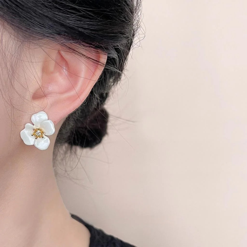 Sweet Copper Micro Pave Zircon Enamel Orchid Flower Stud Earrings For Elegant Everyday Wear