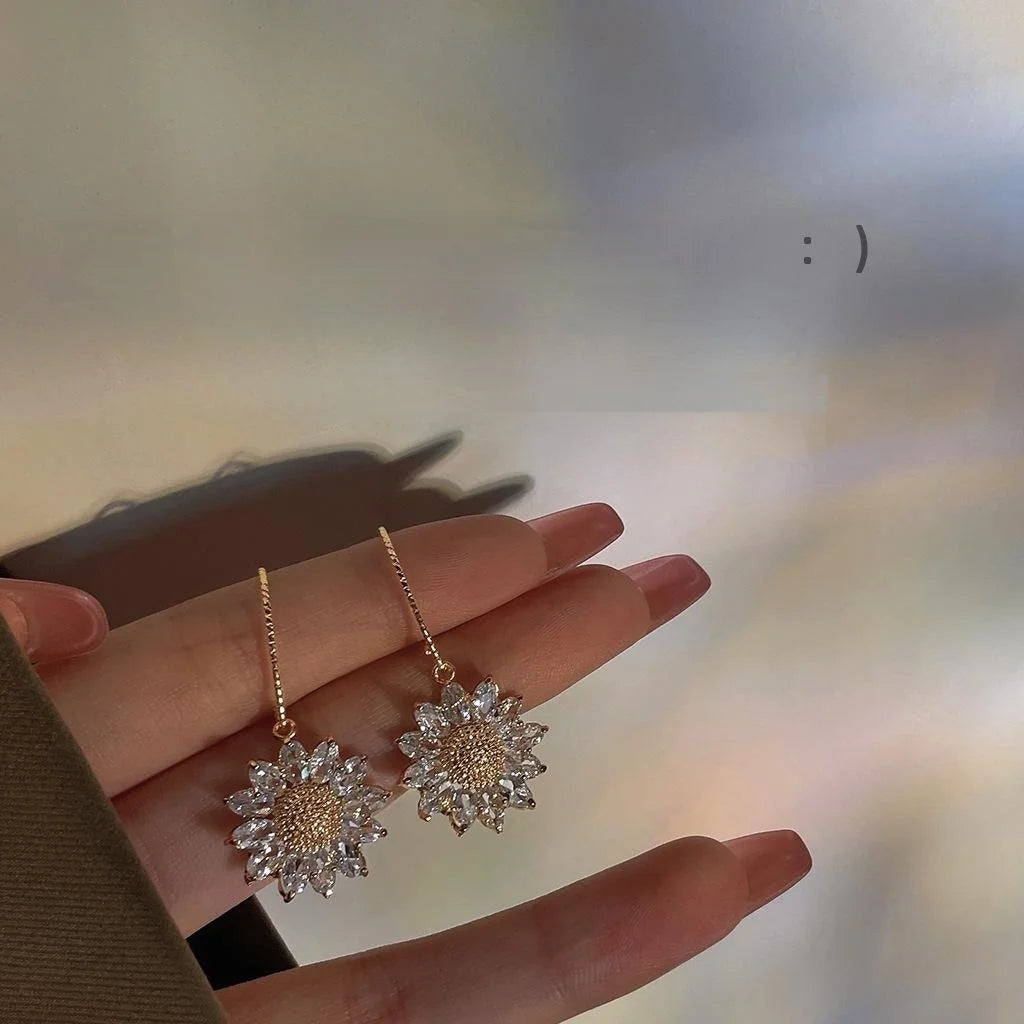 14K Gold Plated Sunflower Pearl Drop Earrings With Micro Pave Zircon, French Fashion OL Floral Jewelry