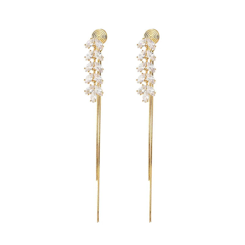 Elegant Gold Alloy Wheat Ear Marquise Zircon Tassel Stud & Clip On No Piercing Long Chain Dangle Earrings