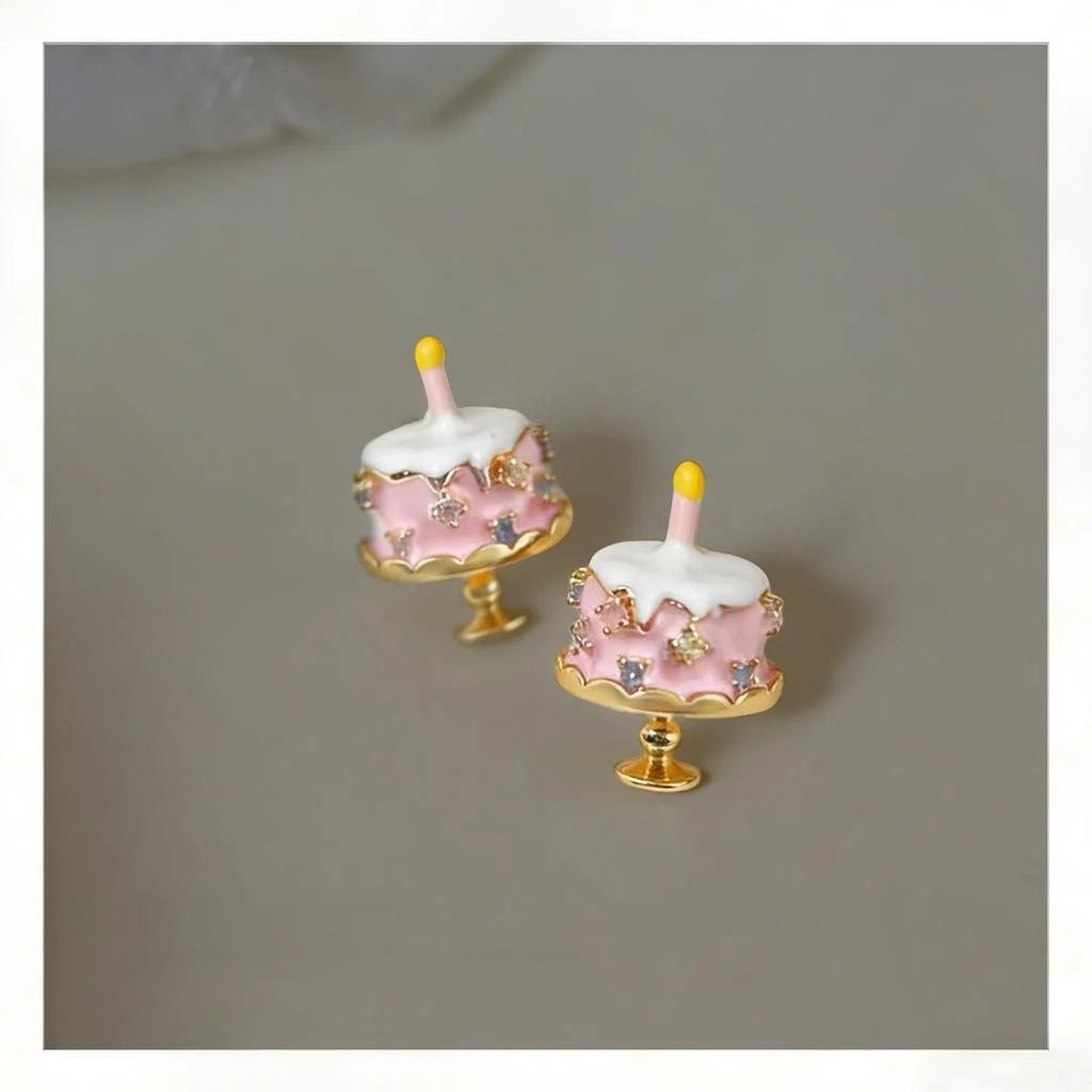 Original Designer Cute Birthday Cake Enamel Painted Copper Zircon Stud Earrings For Women