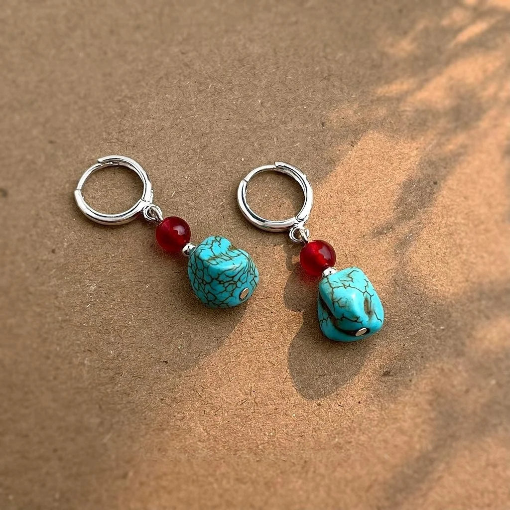 Vintage Ethnic Red Agate Synthetic Turquoise Copper Irregular Geometric Drop Earrings