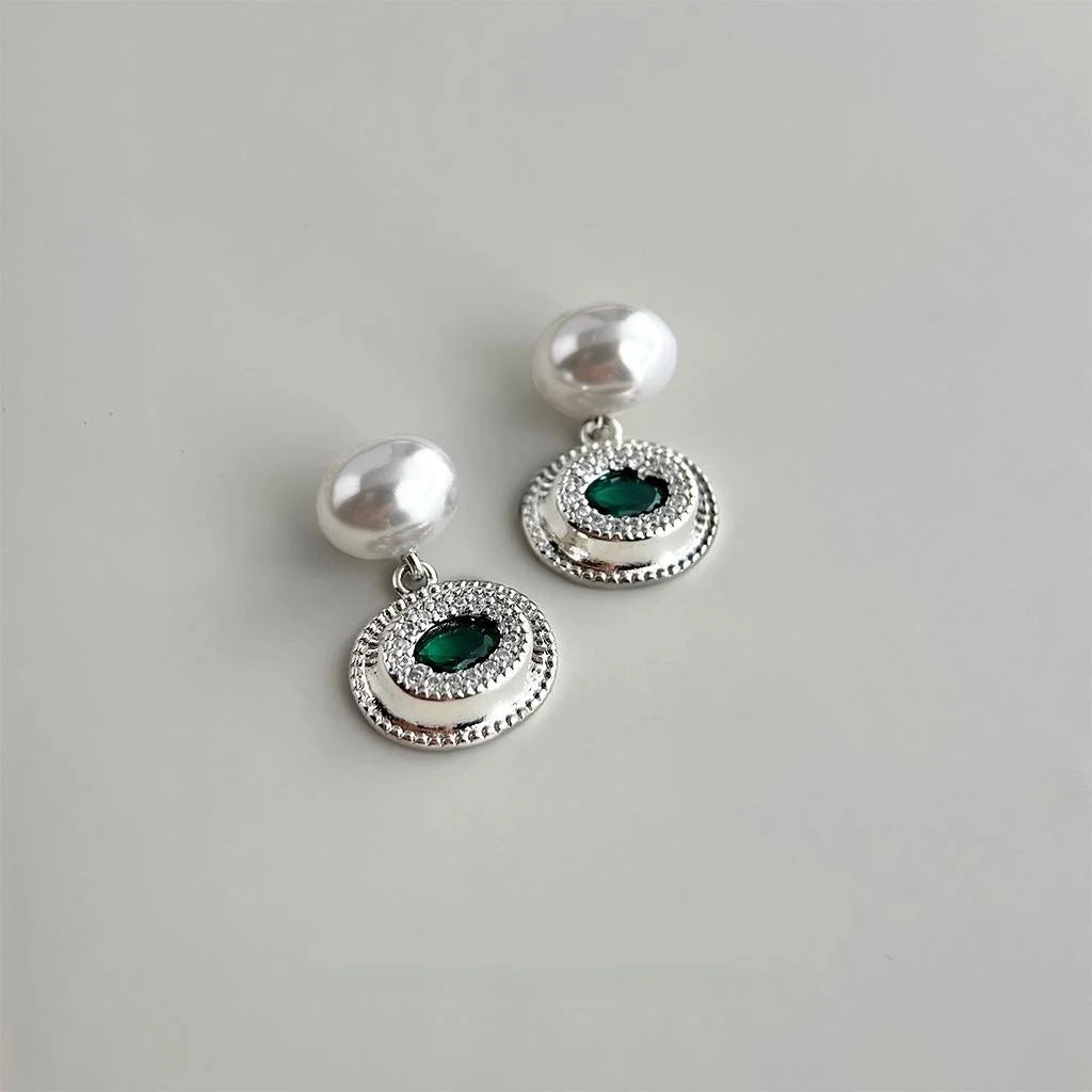 Micro Pave Zircon Minimalist Silver Tone Copper Oval Emerald Geometric Drop Earrings