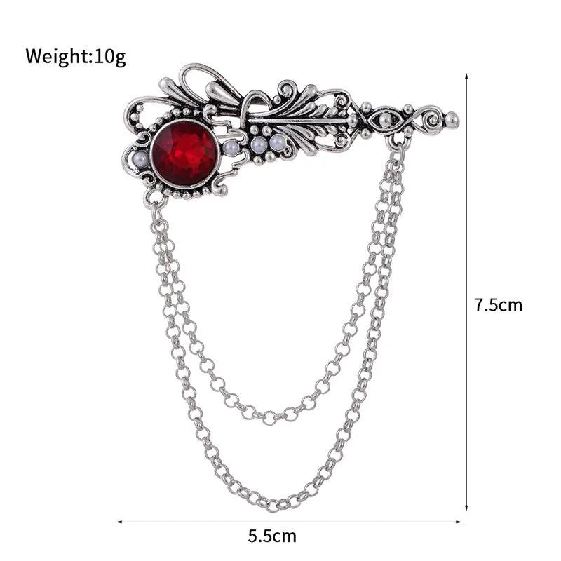 Vintage Alloy Safety Pin Brooch With Red Rhinestone And Chain Tassel, Elegant Lapel Pin Suit Accessory