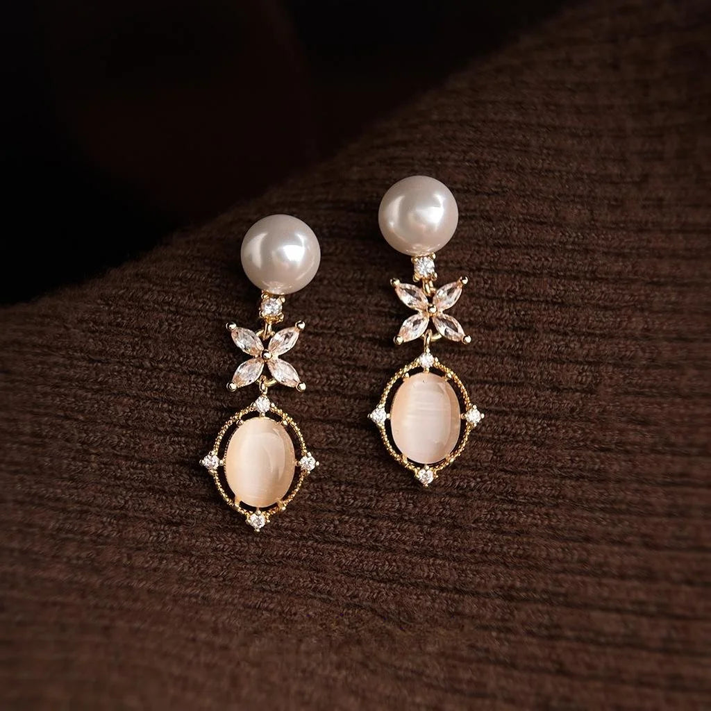 Geometric Glass Cat Eye Stone Zircon Micro Pave Long Drop Earrings