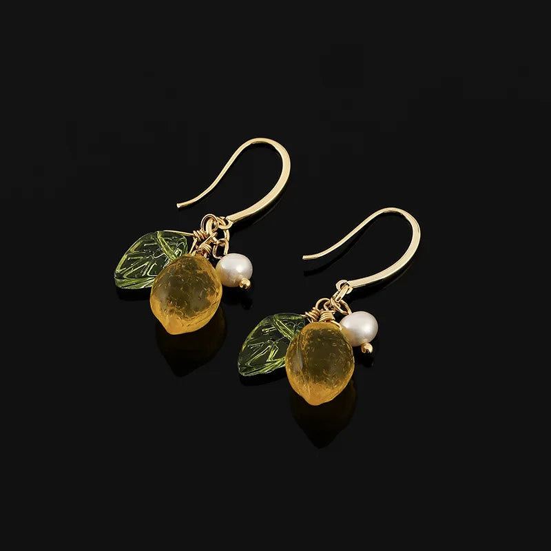 Elegant Lemon Fruit Green Leaf Crystal Pearl Alloy Stud & Clip On No Piercing Dangle Drop Earrings