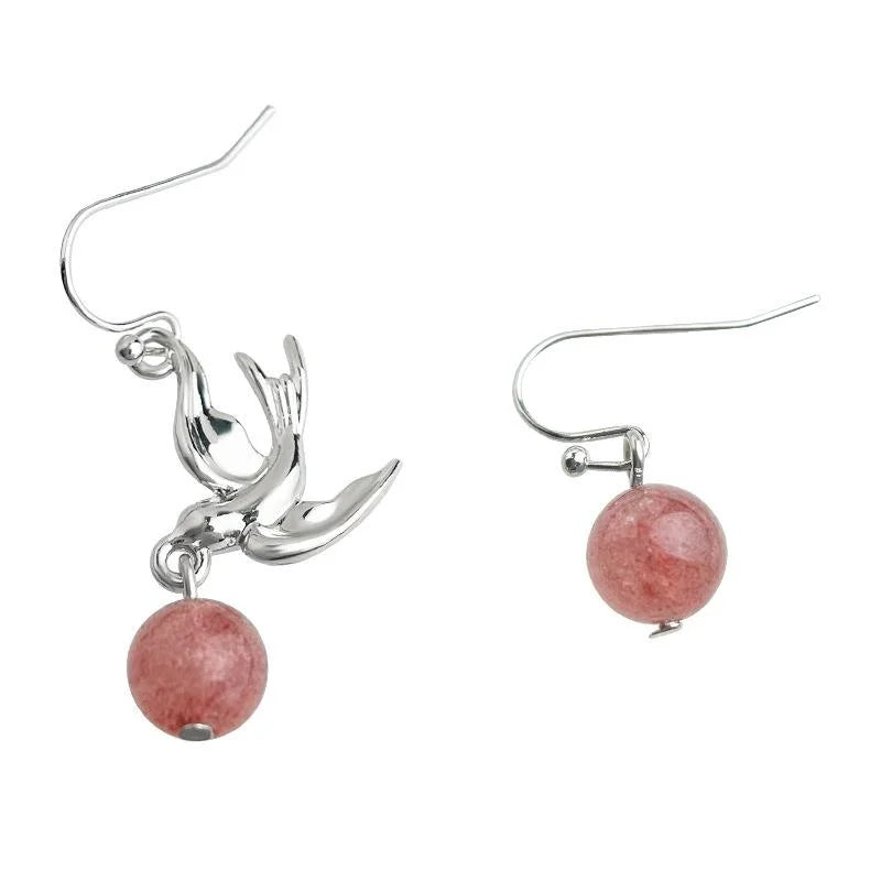 Green Phantom Crystal Bird Drop Earrings Handmade Asymmetric Forest Style Natural Stone Jewelry