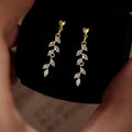 Sparkly Long Wheat Leaf Zircon Copper Drop Earrings, Light Luxury Minimalist Jewelry