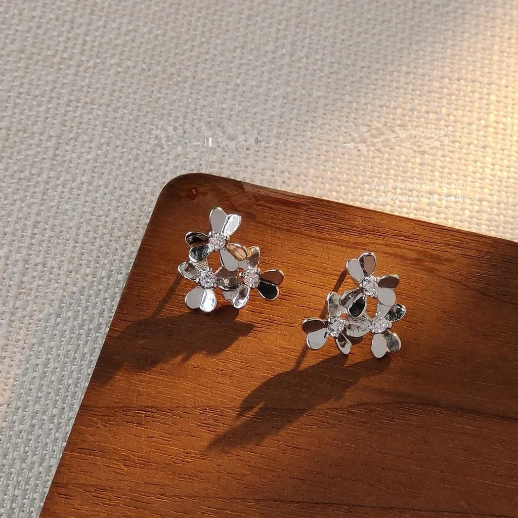 Silver Plated Copper Zircon Flower Stud Earrings For Women Korean Style