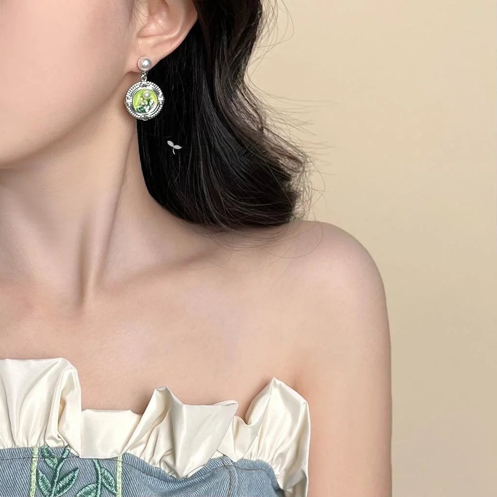 High-End Monet Garden Oil Painting Enamel Flower Leaf Copper Pearl Drop Earrings