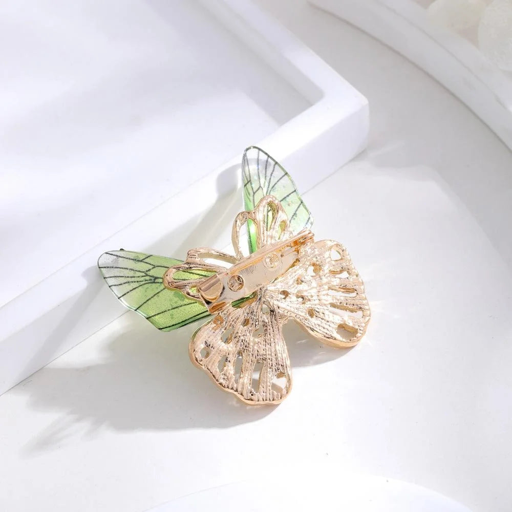 Elegant Butterfly Brooch With Rhinestone And Acrylic Wings, Gold Tone Alloy Lapel Pin Corsage Gift