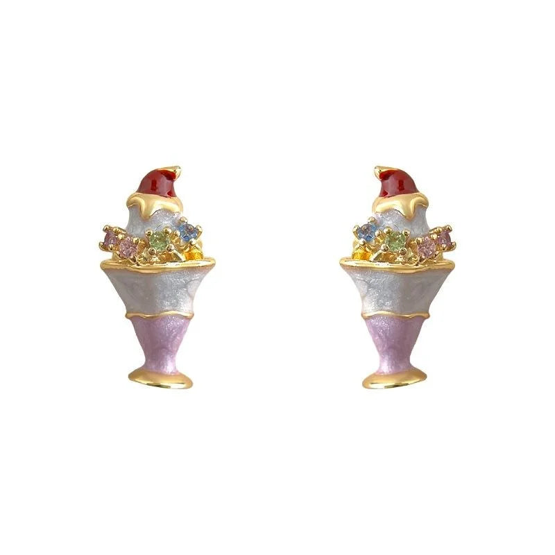 Cute Ice Cream Micro Pave Zircon Copper Stud Earrings Sweet Summer Jewelry For Women