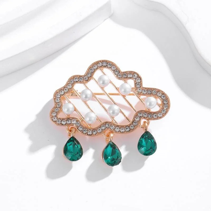 Vintage Cloud Flower Brooch With Rhinestone Faux Pearl And Emerald Crystal Drops, Elegant Lapel Pin Gift