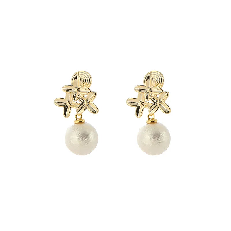 Vintage Gold Alloy Flower Pearl Drop Stud & Clip On No Piercing Elegant Floral Dangle Earrings
