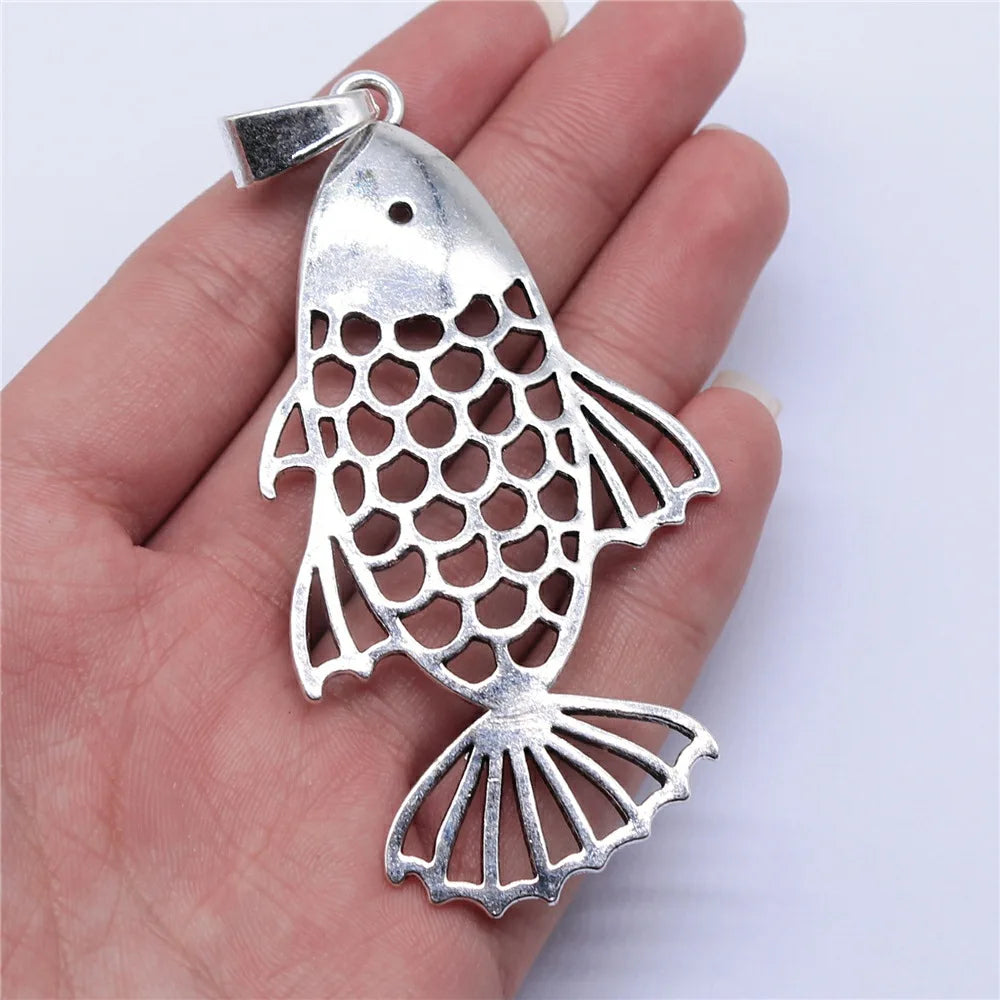 84x44mm 14g Antique Silver Zinc Alloy Hollow Fish Charm Pendant for DIY Necklace Jewelry Making