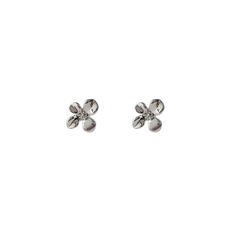 Silver Plated Copper Flower Petal Stud Earrings Minimalist Mini Everyday Jewelry