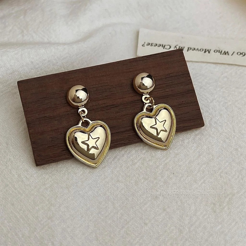 Vintage Heart And Star Stud Earrings Eco Friendly Copper Silver Plated Needle 3D Casual Jewelry