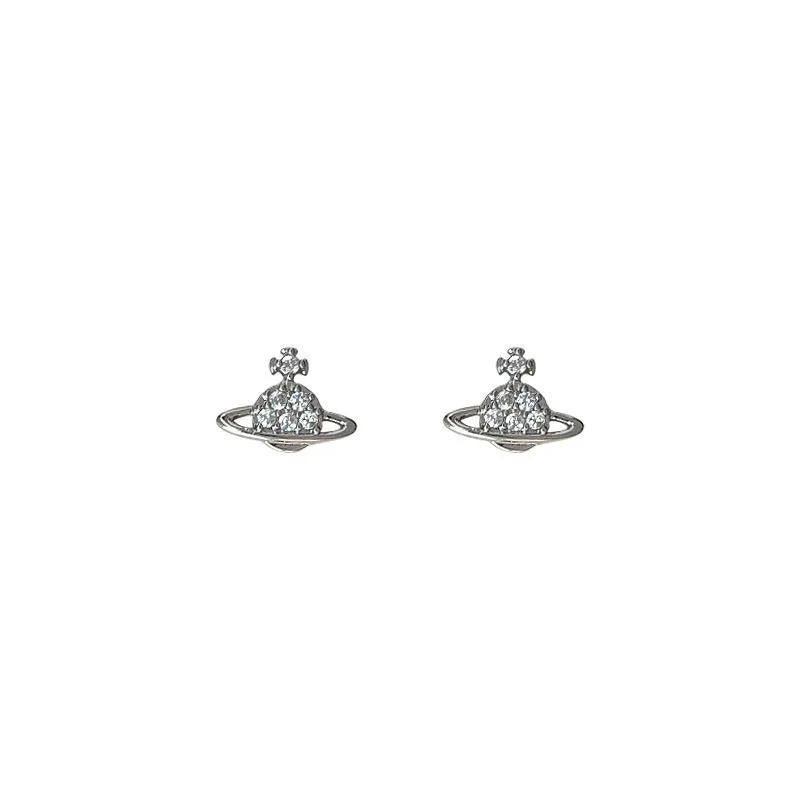 Mini Micro Pave Zircon Copper Stud Earrings With Silver Plated Pins Space Planet Style Jewelry