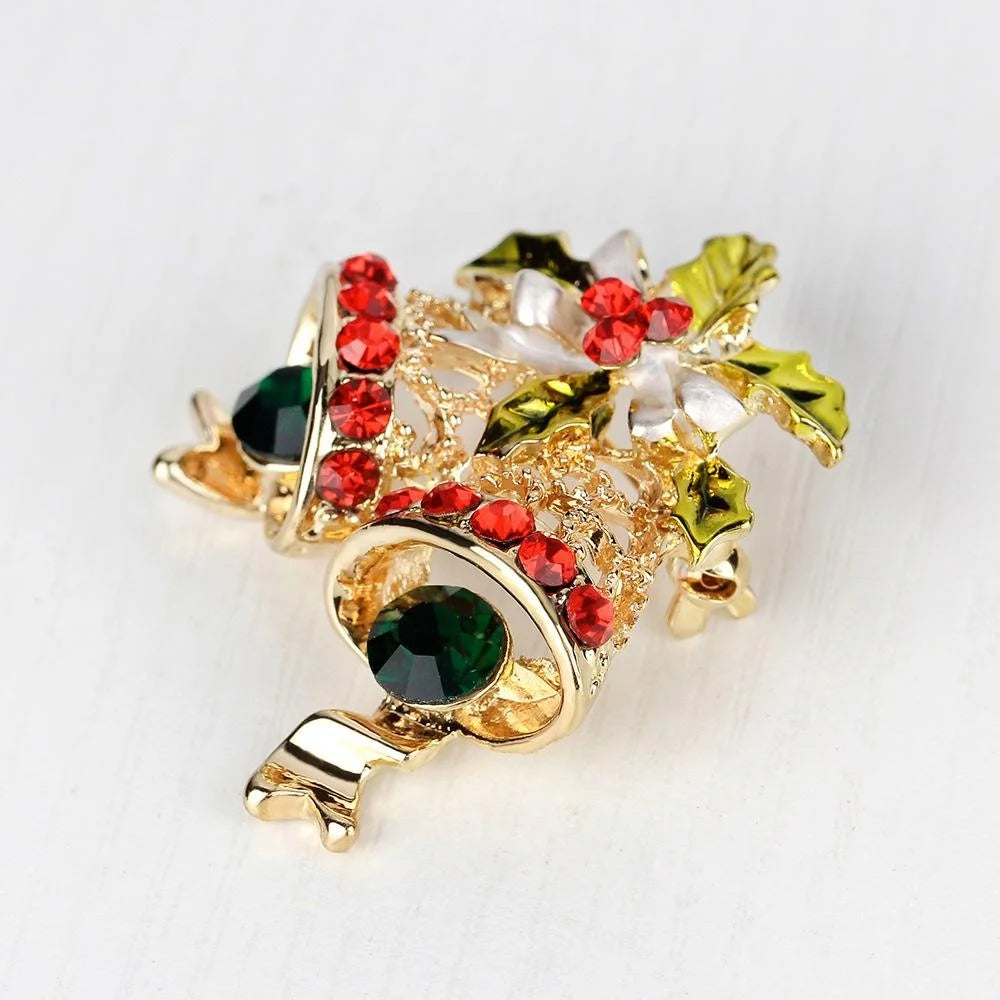 Luxury Gold Alloy Christmas Bell Brooch With Red Rhinestones, Enamel Holly Bow Lapel Pin Gift