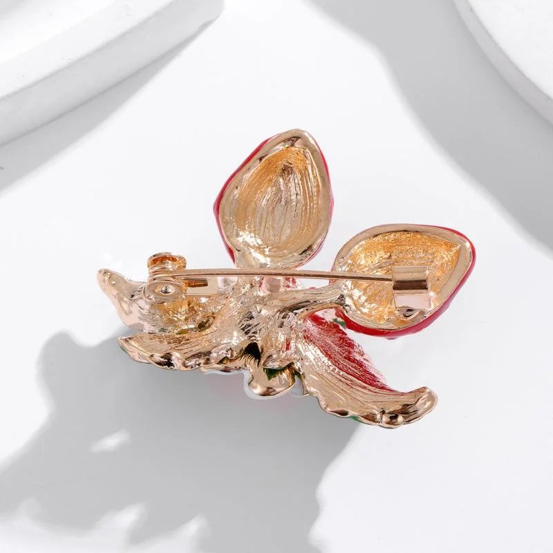 Cute Enamel Strawberry Flower Brooch With Gold Tone Alloy Leaves, Fruit Lapel Pin For Cardigan Gift