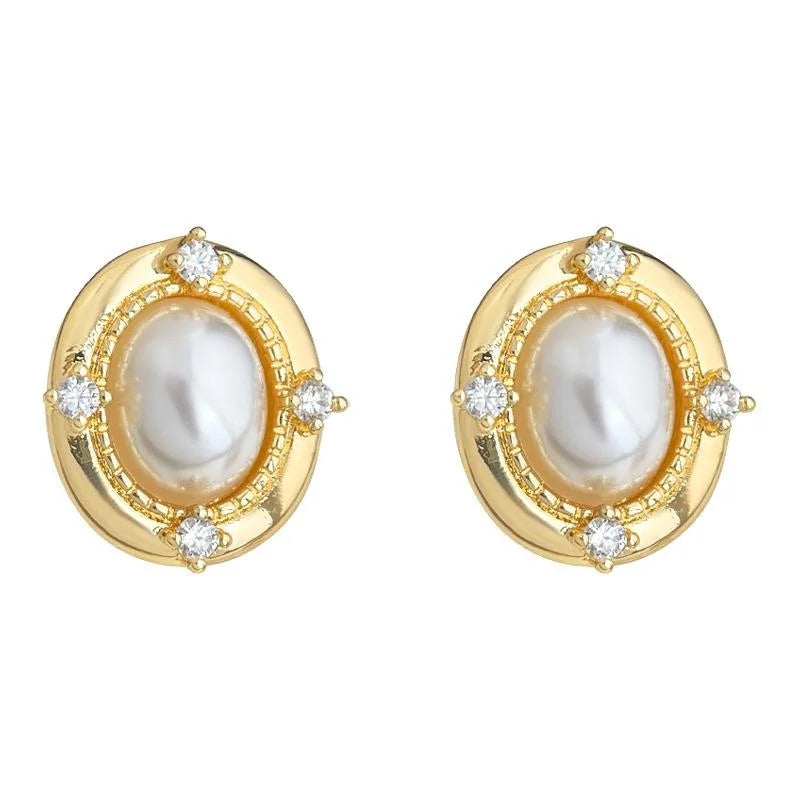 French Vintage Palace Style Geometric Oval Copper Stud Earrings With Zircon And High Luster Pearl