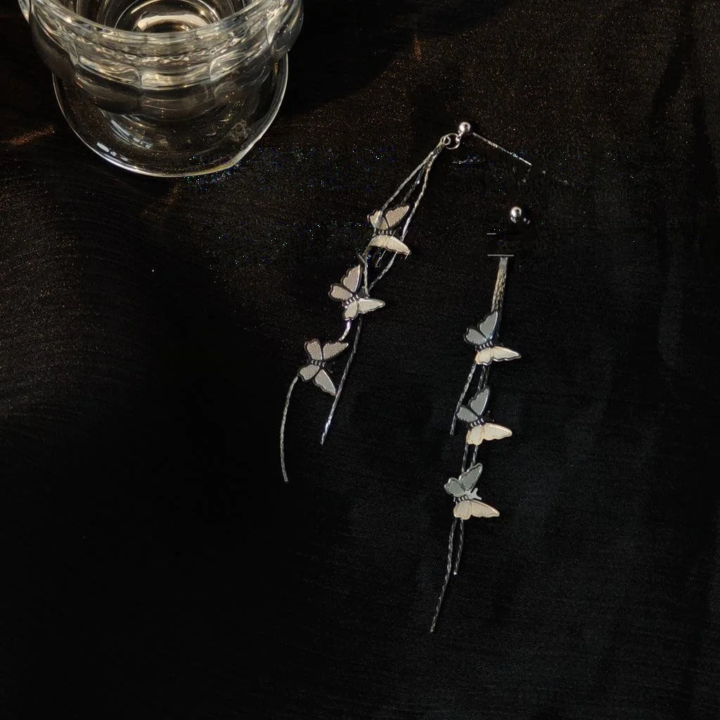 Silver Plated Copper Butterfly Tassel Drop Earrings, Japanese Korean Fashion Insect Jewelry