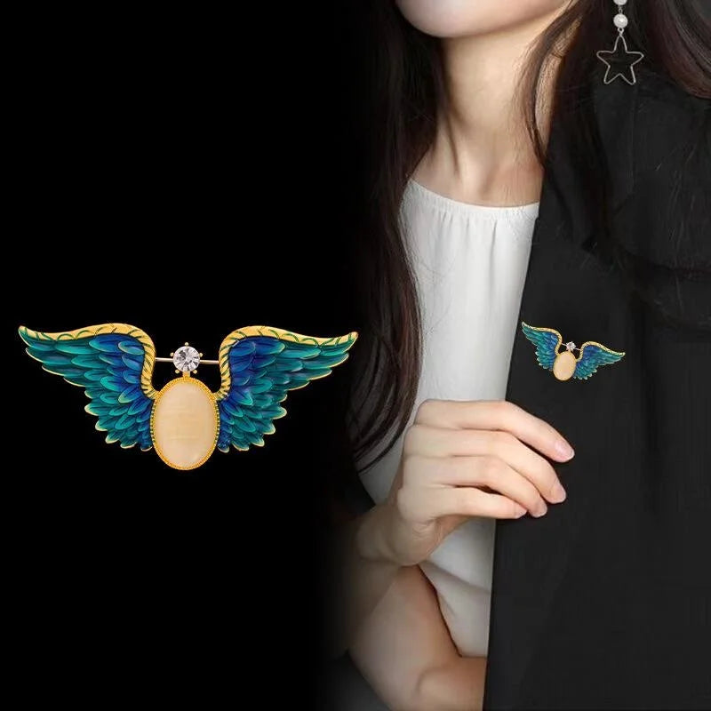 Luxury Blue Eagle Wing Enamel Alloy Brooch With Rhinestone, Elegant Lapel Pin Suit Accessory Gift