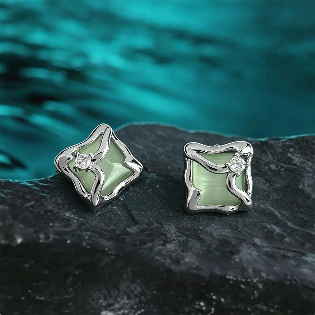 Minimalist Copper Glass Cat Eye Stone Square Stud Earrings With Pave Zircon